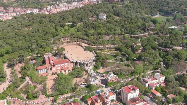 Barcelona, Spain: Aerial view of capital city of Catalonia, Teatre grec del Parc G&uuml;ell - landscape panorama of Europe from above