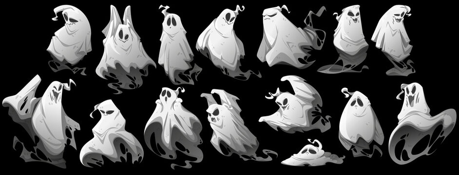 Halloween set with ghost characters with different emotions isolated on black background. Vector cartoon illustration of flying white phantom, spooky spirit smiling, scare, happy, surprised and angry