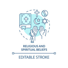 Religious and spiritual beliefs turquoise concept icon. Diversity type abstract idea thin line illustration. Isolated outline drawing. Editable stroke. Arial, Myriad Pro-Bold fonts used