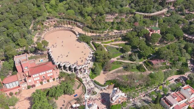 Barcelona, Spain: Aerial view of capital city of Catalonia, Teatre grec del Parc G&uuml;ell - landscape panorama of Europe from above