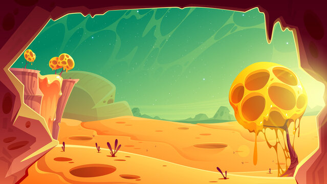 Fantasy food planet with desert, rocks and trees from cheese. Vector cartoon illustration of funny comic landscape of alien cheese planet surface with plants of yellow balls with holes