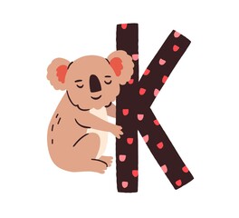Baby koala bear hugging letter K of childish English alphabet in Scandinavian style. Cute kids animal for fun language learning. Childrens flat vector illustration isolated on white background © Good Studio