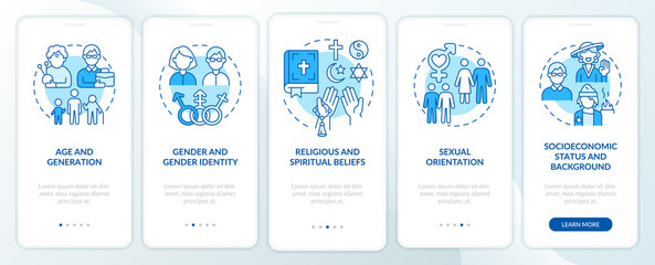 Fototapeta na wymiar Types of diversity blue onboarding mobile app screen. Differences walkthrough 5 steps editable graphic instructions with linear concepts. UI, UX, GUI template. Myriad Pro-Bold, Regular fonts used