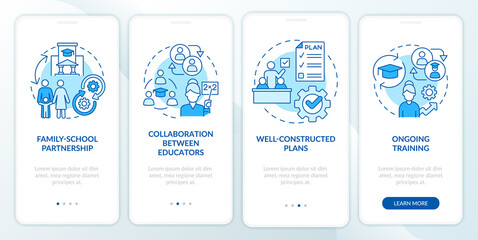 Fototapeta na wymiar Success of inclusive classrooms blue onboarding mobile app screen. Walkthrough 4 steps editable graphic instructions with linear concepts. UI, UX, GUI template. Myriad Pro-Bold, Regular fonts used