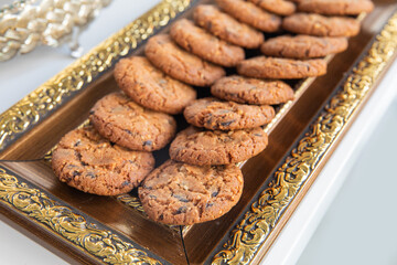 Stack of a sweet delicious chocolate chip cookies in the plate