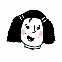 Doodle smiling girl face. Hand-drawn human isolated on white background. Funny Avatar. Cartoon curly woman with dimples, hair clip, choker. Female portrait. Hairstyle, emotions. Vector illustration