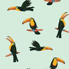 Seamless pattern with tropical toucan in different poses on green background. 