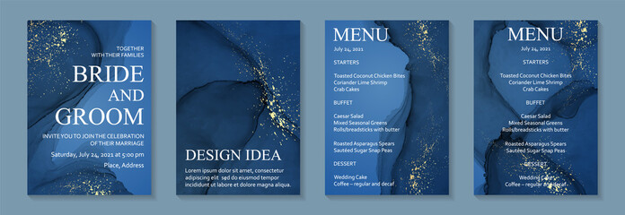 Modern watercolor background or elegant card design for birthday invite or wedding or menu with abstract navy blue ink waves and golden splashes.