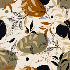 Nature seamless pattern. Hand drawn abstract leaves background. Vector art illustration in retro colors