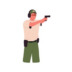 Man shooter holding pistol gun and aiming at target. Person in protecting headphones and handgun in hands shooting, pointing at goal with firearm. Flat vector illustration isolated on white background
