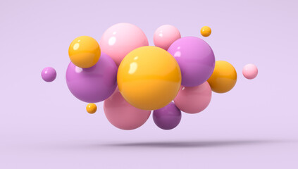 Lots of shiny multicolored spheres on a lilac background. Abstraction 3d render.