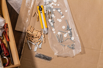 Group of connecting material cardboard (screws, nails, wooden dowels, plugs). Carpentry and joinery needs. Fittings for furniture assembly.