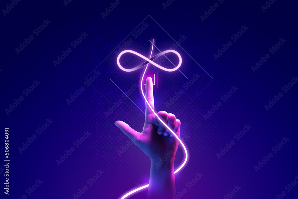 Leinwandbilder hand touch metaverse infinite loop unlimited technology futuristic digital connection background of 