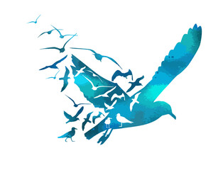 Flying blue watercolor seagulls. Abstraction logo from flying birds. Vector illustration