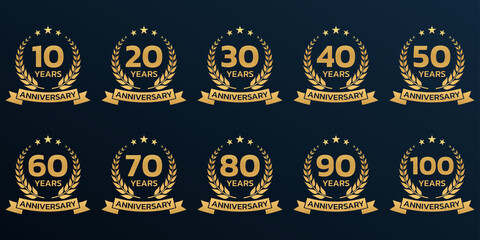 Anniversary icon or logo set with laurel wreath. 10, 20, 30, 40 ,50, 60, 70, 80, 90, 100 years jubilee, birthday golden badge, label or emblem. Celebration design element. Vector illustration.