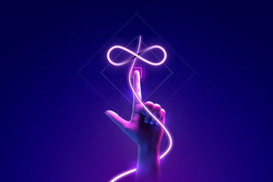 Hand touch metaverse infinite loop unlimited technology futuristic digital connection background of virtual reality cyberpunk world or internet game innovation cyber network and hologram experience.