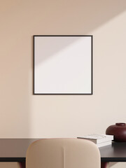 Modern and minimalist square black poster or photo frame mockup on the wall in the living room. 3d rendering.
