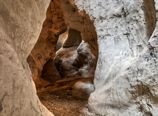 Canyon Saklikent in Turkish means "hidden city". Saklikent National Park in province of Mugla. Wild natural beauty. Emerald water of Yeshen River. Bottom of gorge. Fascinating canyon rocks.