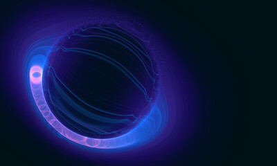 Magic neon cyber glow of purple violet blue electric current around galactic sphere in deep 3d space. Curly light and laser beams create ring around fictional planet or celestial body. Digital art. 