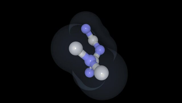 A metformin molecule rendered in 3D as ball-and-stick model with semitransparent molecular surface. The molecule rotates side to side. Loopable video.