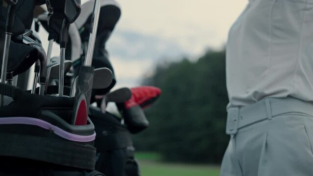 Woman hands hold clubs golf equipment on field. Active golfer using putter bag.