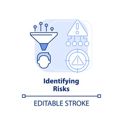 Identifying risks light blue concept icon. Risk management process abstract idea thin line illustration. Recognize hazards. Isolated outline drawing. Editable stroke. Arial, Myriad Pro-Bold fonts used