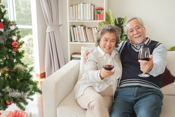 Couple of love elderly asian senior man woman happy with smile and holding glass of wine, hugging together in living room that decorated for Christmas festival holiday concept - 506805253