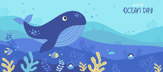 Cute blue whale, fish and corals. Horizontal tropical poster with landscape of underwater world and marine animals. World Ocean Day June 8. Vector illustration for design, decor, flyer, advertisements