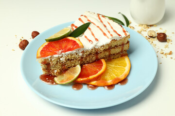 Concept of tasty dessert with meringue pie with citrus, closeup