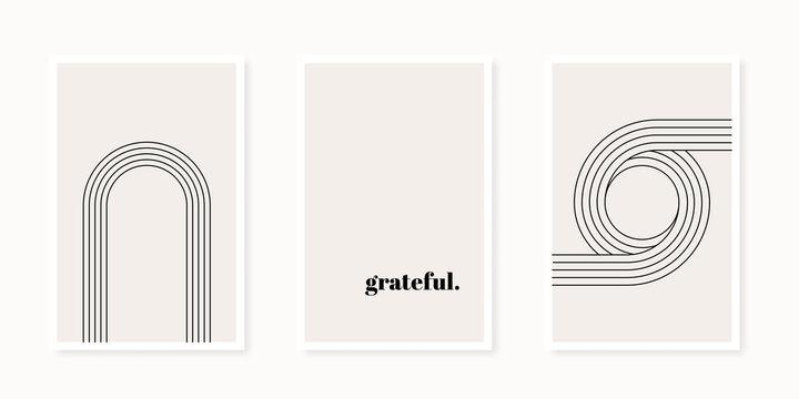 Abstract geometrical shapes poster collection. Line art. Minimalist wall decoration, print or postcard. Nordic style. Beige and black. Grateful. Vector illustration, flat design