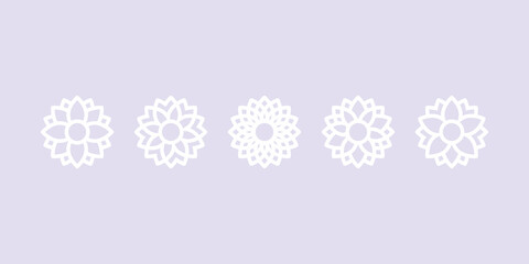 Geometric flowers shapes icon set. Minimalist flower symbols. White outline, violet background. Vector illustration, flat design