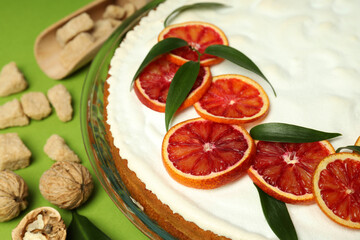 Concept of tasty dessert with meringue pie with citrus, closeup
