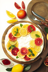 Concept of tasty dessert with meringue pie with citrus, top view