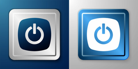 White Power button icon isolated on blue and grey background. Start sign. Silver and blue square button. Vector
