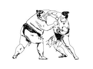 Sumo wrestling. Two wrestlers try to push each other out in a duel. Graphics, sketch. Black silhouette. Vector illustration