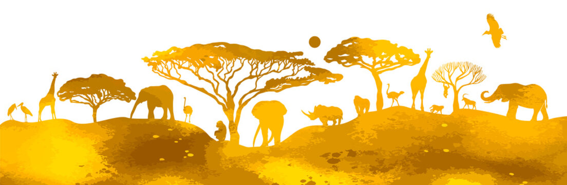 African Yellow landscape with animals. Vector illustration