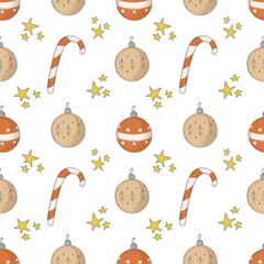 Seamless Christmas pattern on a white background Christmas decorations red yellow balls red and white cane and yellow stars