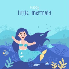 Cute happy little mermaid with fish, seaweed and pearl shell. Tropical square poster with landscape of underwater world, marine animals and plants. Vector illustration for design, decor, parties cards