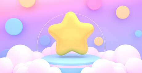3d rendered colorful circles room with podium, white clouds, and a big yellow star.