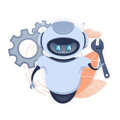 Naklejka premium Settings bot in cartoon style. Marketing social media concept. Global social network