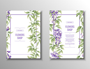 Flyer set with purple wisteria. Flower and garden shop. Banner, poster, brochure, cover, template, invitation a4 size for business