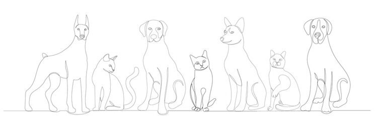 dogs and cats drawing in one continuous line, isolated, vector
