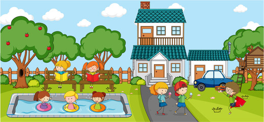 Outdoor scene with doodle house cartoon
