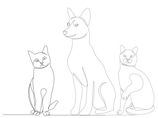 dog and cats drawing in one continuous line, isolated, vector