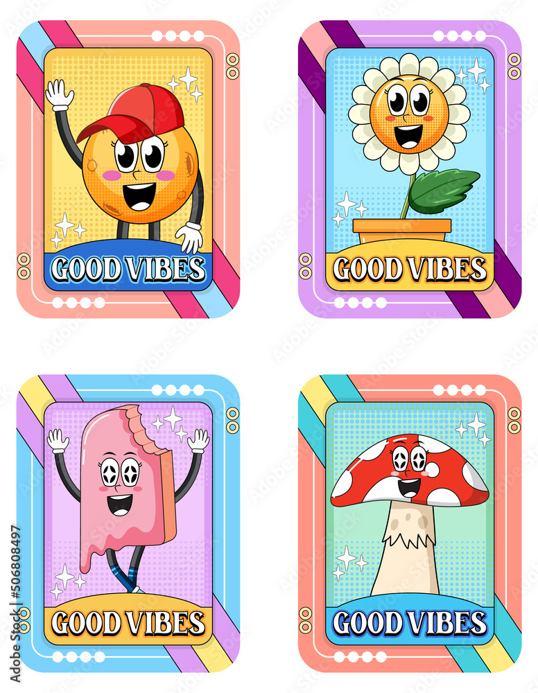 Sticker Set of good vibes cards with cartoon characters