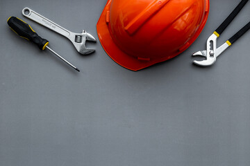 Tools with engineer safety construction helmet top view