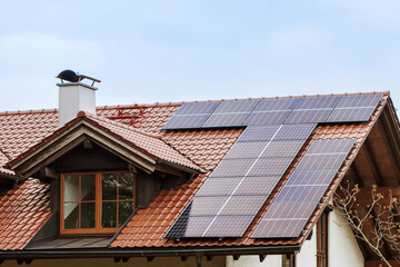 Solar Panel on Roof House. Solar Cells Solar System Alternative Energy. Modern Future Solar Panels...