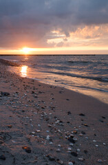 Sunset on the Baltic Sea. Sea, bean strong colors. Vacation on the beach. Landscape