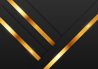 Abstract Premium Black Geometric Overlap Layers with Stripe Golden Line Luxury Style on Dark Background with Copy Space