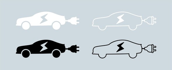 Electric car with plug icon symbol in black and white colors. Electric vehicle vector icon.